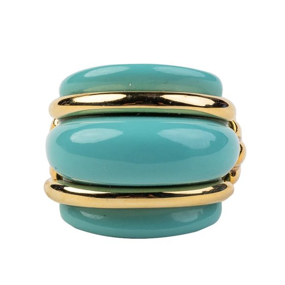 Kenneth Jay Lane, Gold and Turquoise Double Ribbed Ring - Picture 1 of 11